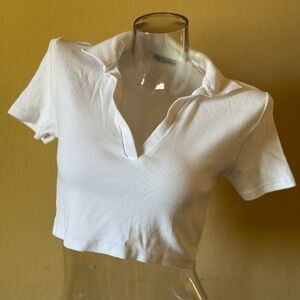 Zara White Fitted Crop Polo Button Down